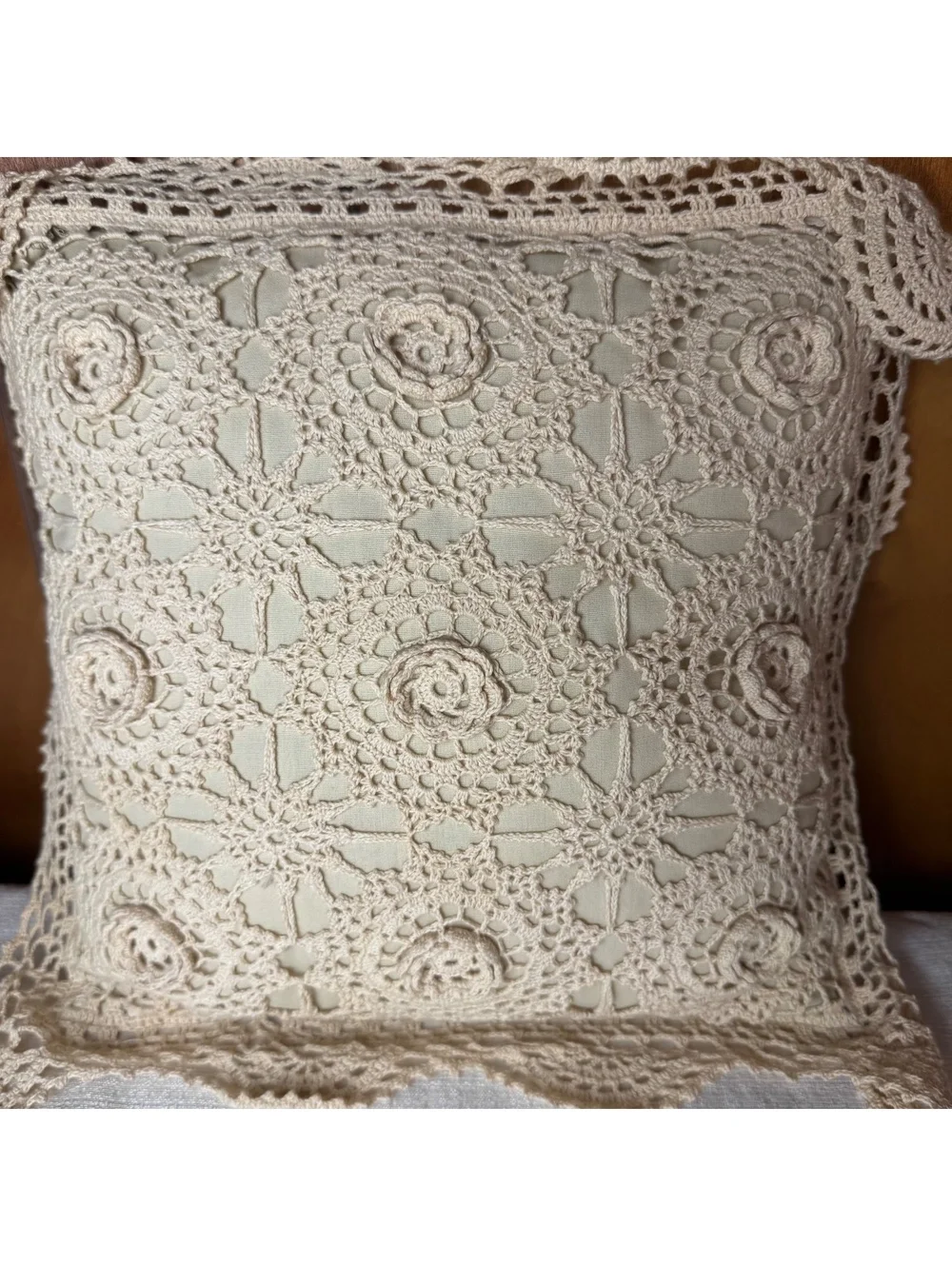 Handmade Cotton Lace Throw Pillows 12x12 Floral Crochet Cottagecore Dec